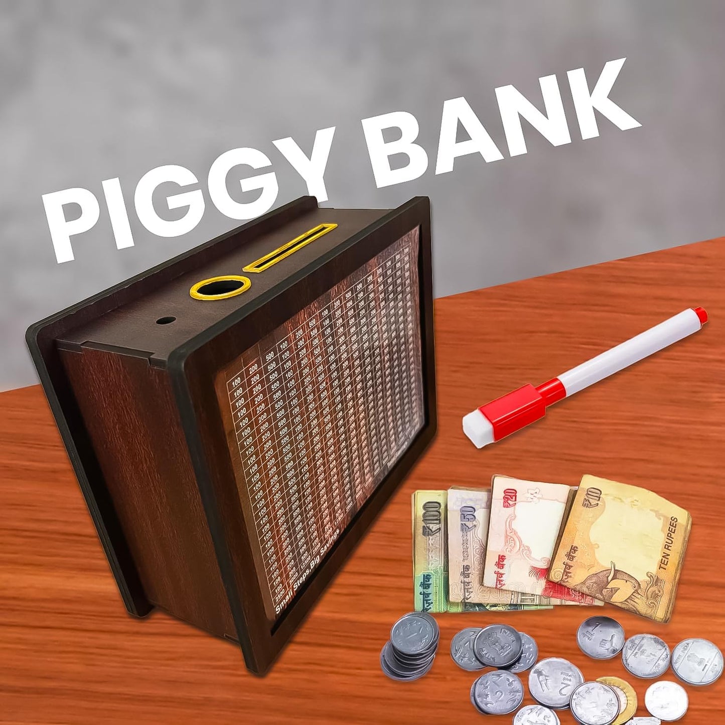 Wooden Money Bank, Coin Piggy Bank with Carved Design, Savings Challenge Box, 100000 Money Saver, Coin Box, Money Saving Box for Adult, Money Save Box for Kids