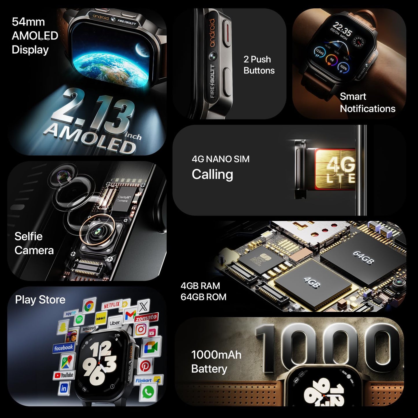 Fire-Boltt Snapp Smart Watch, Selfie Camera, 4G Nano-SIM Slot, 54.1mm AMOLED Display, Play Store- Unlimited apps, 1000mAh Battery, 2GB/4GB RAM + 16GB/64GB ROM (Archaic Black)