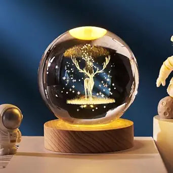 SHOPLINKStore 3D Engraved Deer Crystal Globe Lamp | USB LED Night Light with Wooden Base | Creative 6 cm Crystal Ball Table Lamp for Bedroom, Home, Office Décor & Gifting (Warm White)