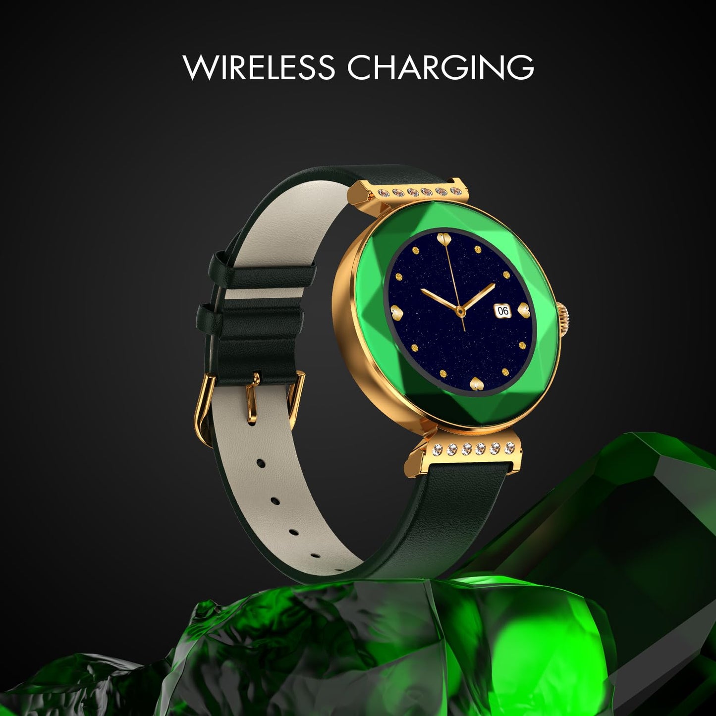 Fire-Boltt Emerald Gemstone-Studded Diamond Cut Smart Watch 27.68mm (1.09 inch) HD Display, Multiple Sports Modes, Health Suite, Wireless Charging, IP68 with Additional Stainless Steel Strap (Green)