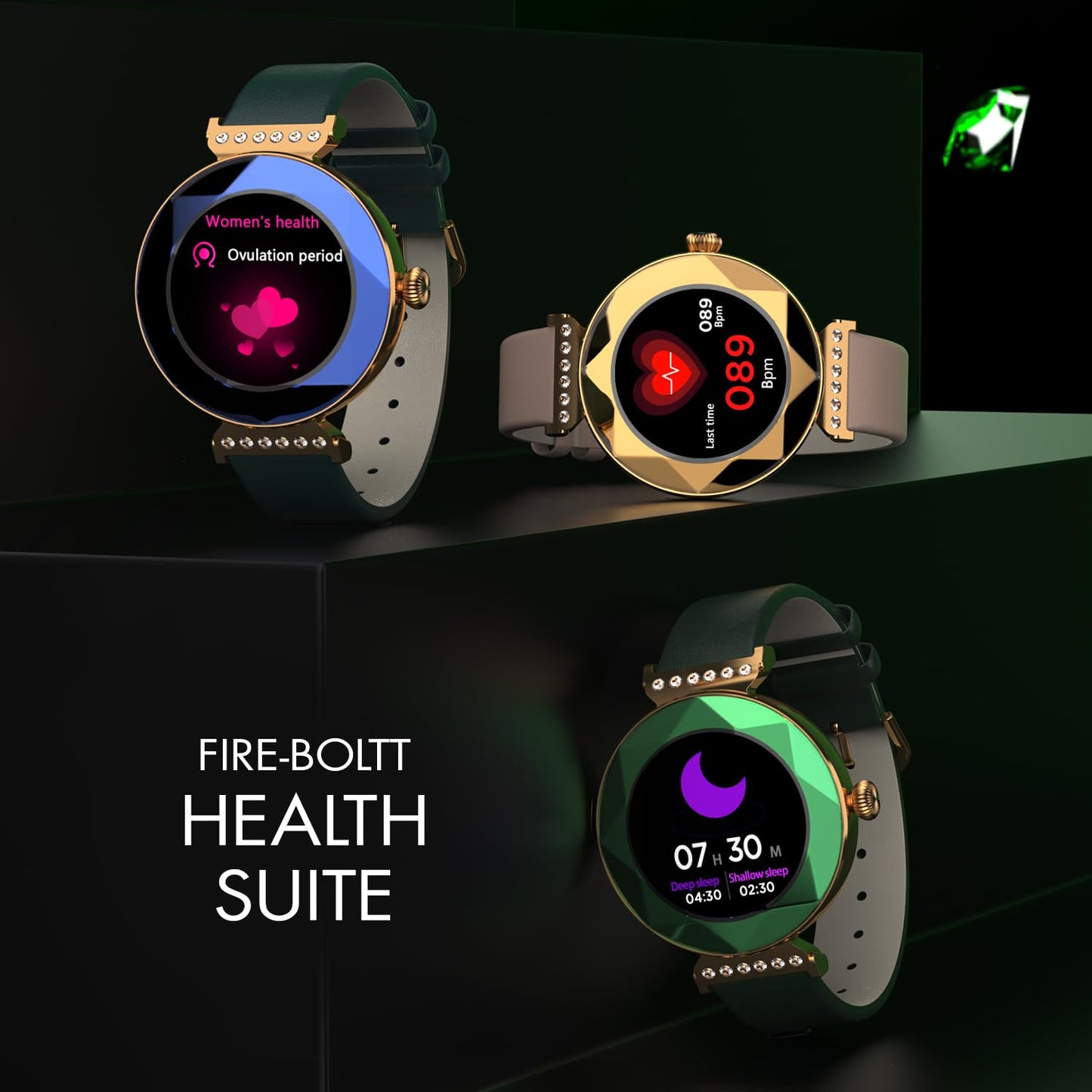 Fire-Boltt Emerald Gemstone-Studded Diamond Cut Smart Watch 27.68mm (1.09 inch) HD Display, Multiple Sports Modes, Health Suite, Wireless Charging, IP68 with Additional Stainless Steel Strap (Green)