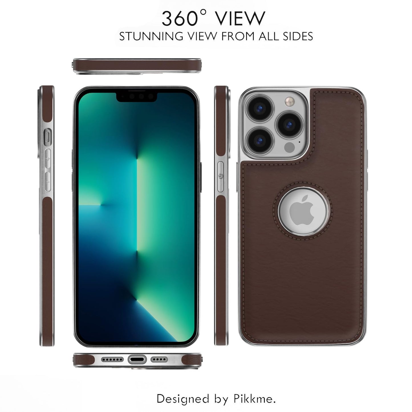 Pikkme Chrome Leather Back Cover | Flexible Pu Leather | Full Camera Protection | Silver Electroplated Chrome | Bumper Case for iPhone 13 Pro (Chrome Coffee)