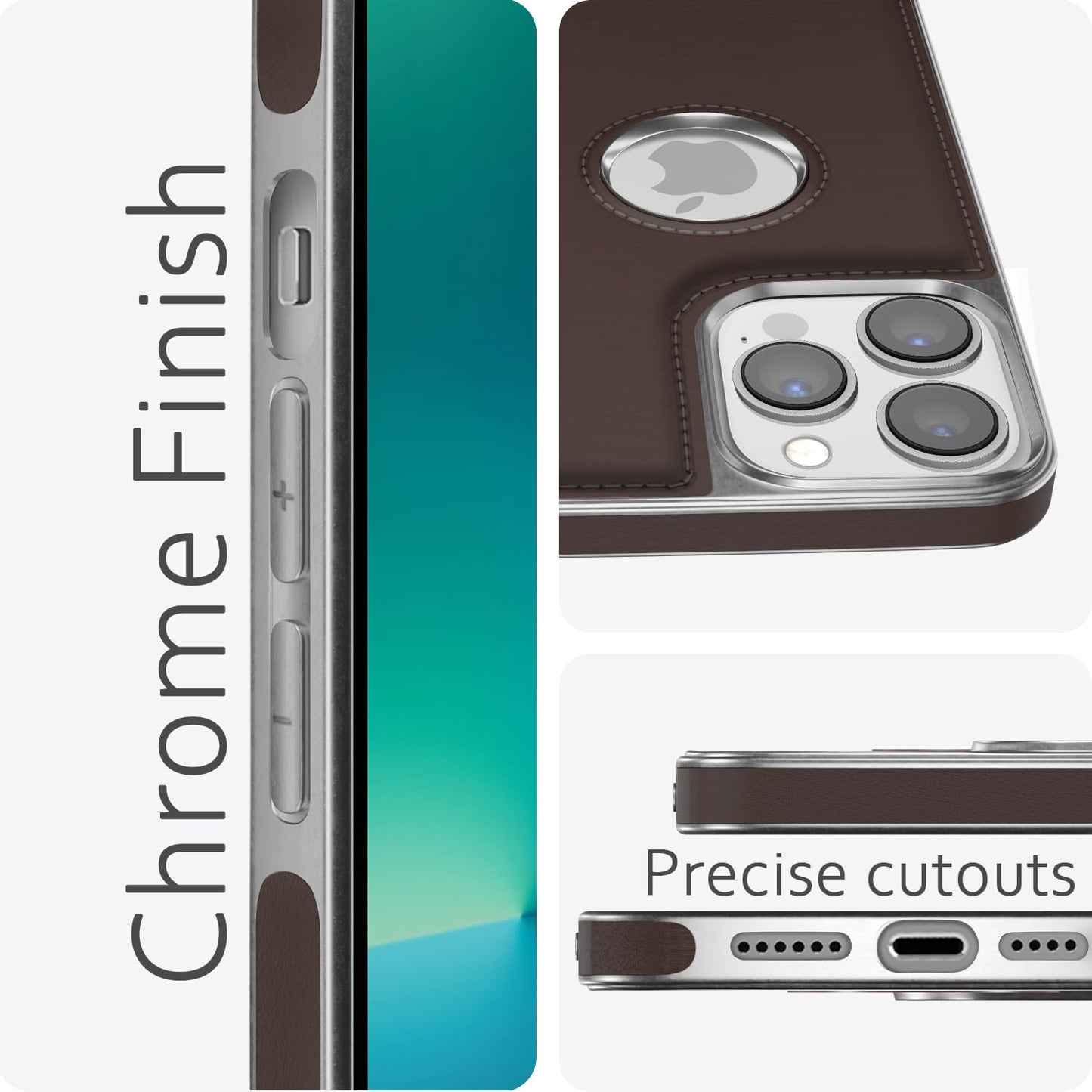 Pikkme Chrome Leather Back Cover | Flexible Pu Leather | Full Camera Protection | Silver Electroplated Chrome | Bumper Case for iPhone 13 Pro (Chrome Coffee)