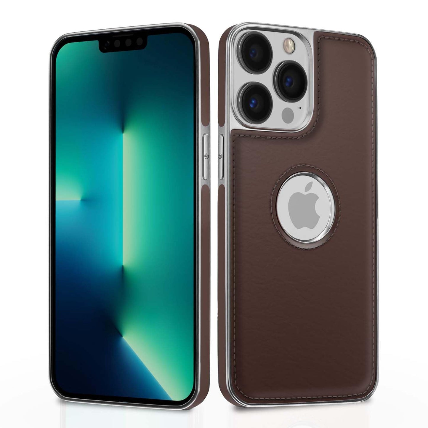 Pikkme Chrome Leather Back Cover | Flexible Pu Leather | Full Camera Protection | Silver Electroplated Chrome | Bumper Case for iPhone 13 Pro (Chrome Coffee)