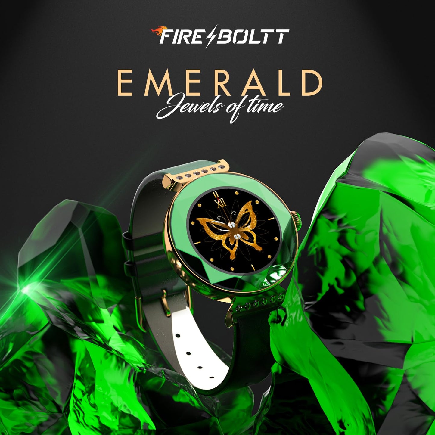 Fire-Boltt Emerald Gemstone-Studded Diamond Cut Smart Watch 27.68mm (1.09 inch) HD Display, Multiple Sports Modes, Health Suite, Wireless Charging, IP68 with Additional Stainless Steel Strap (Green)