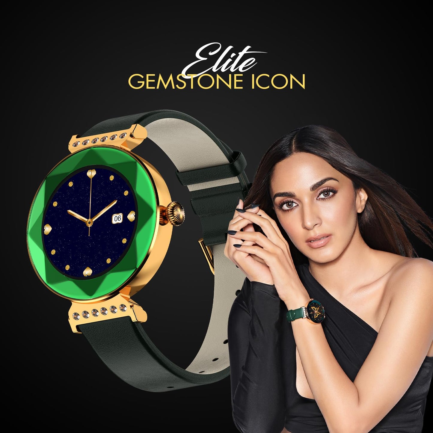 Fire-Boltt Emerald Gemstone-Studded Diamond Cut Smart Watch 27.68mm (1.09 inch) HD Display, Multiple Sports Modes, Health Suite, Wireless Charging, IP68 with Additional Stainless Steel Strap (Green)
