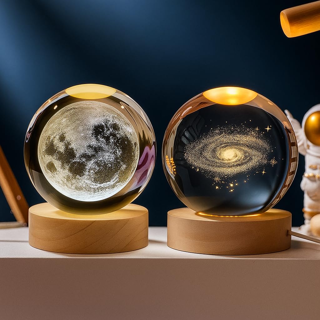 SHOPLINKStore 3D Engraved Deer Crystal Globe Lamp | USB LED Night Light with Wooden Base | Creative 6 cm Crystal Ball Table Lamp for Bedroom, Home, Office Décor & Gifting (Warm White)