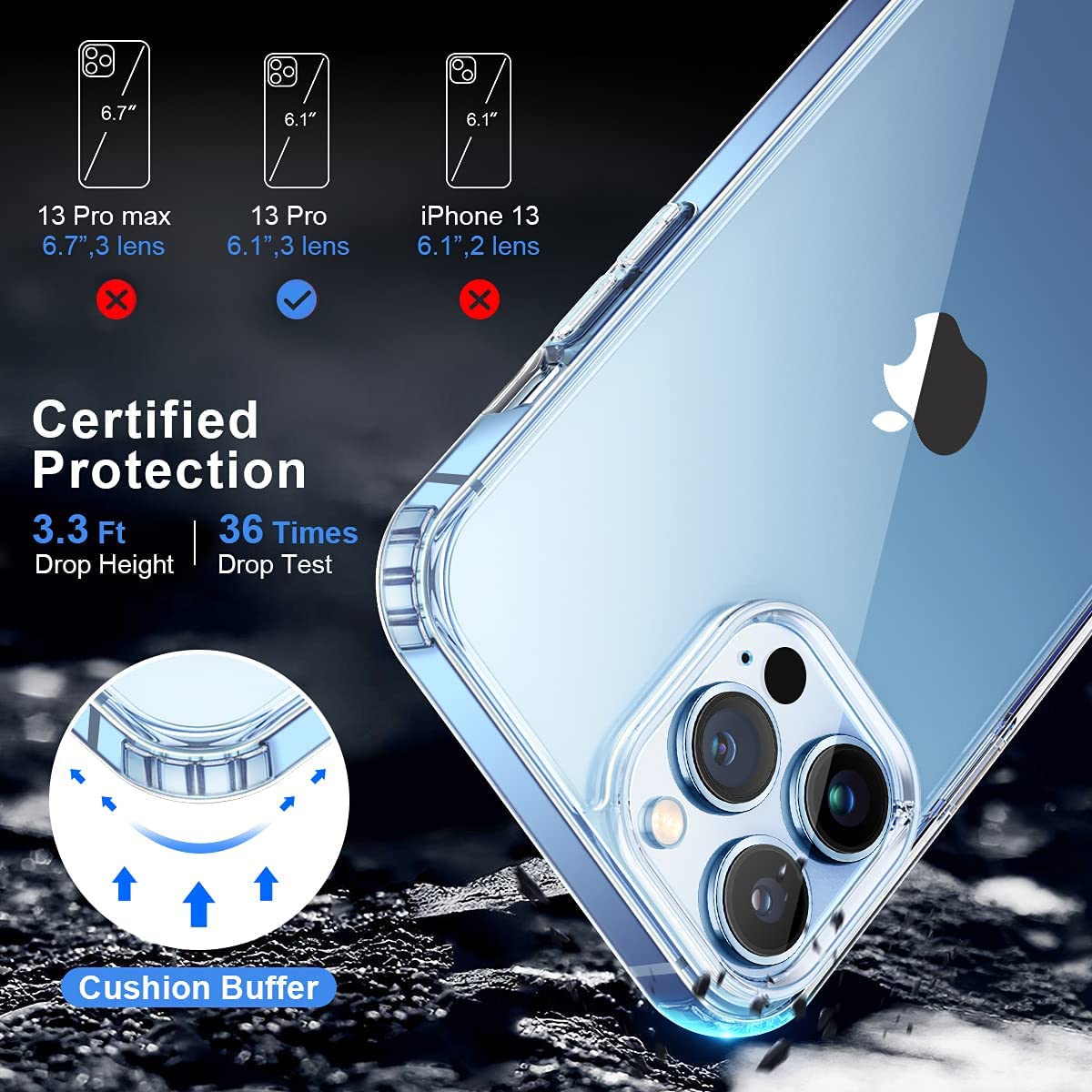Amozo Ultra Hybrid Camera and Drop Protection Back Cover Case for iPhone 13 Pro (TPU + Polycarbonate | Crystal Transparent)