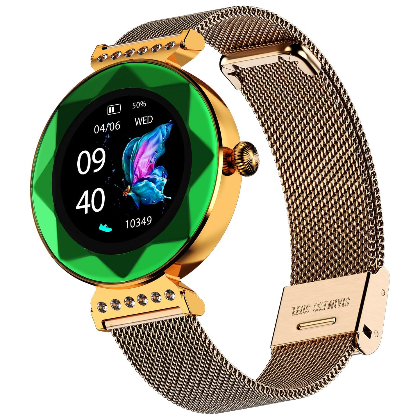 Fire-Boltt Emerald Gemstone-Studded Diamond Cut Smart Watch 27.68mm (1.09 inch) HD Display, Multiple Sports Modes, Health Suite, Wireless Charging, IP68 with Additional Stainless Steel Strap (Green)