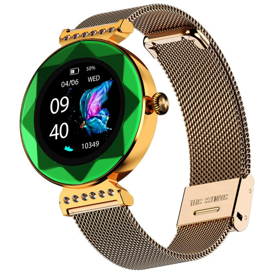 Fire-Boltt Emerald Gemstone-Studded Diamond Cut Smart Watch 27.68mm (1.09 inch) HD Display, Multiple Sports Modes, Health Suite, Wireless Charging, IP68 with Additional Stainless Steel Strap (Green)