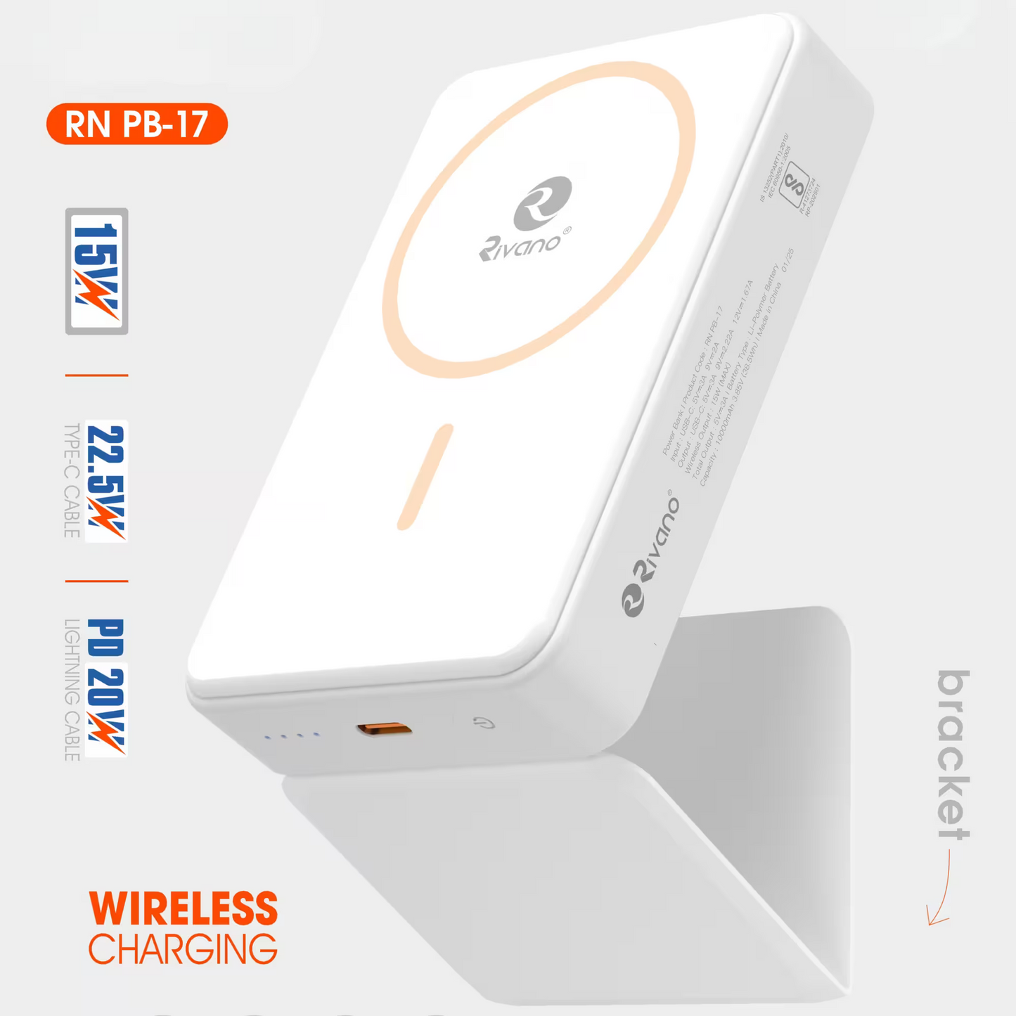 Rivano 10000mAh 22.5W Wired & Wireless With MagSafe Compact Pocket Size Power Bank WITH BRACKET