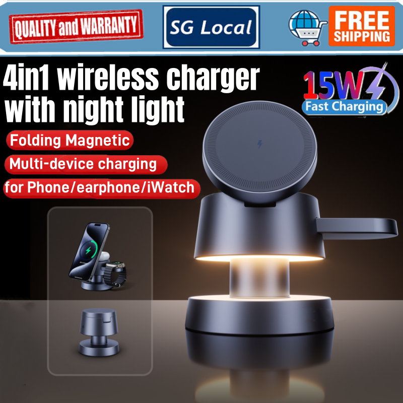 Portronics 15W TriCharge 4-in-1 Fast Charging Wireless Charger for iPhone with Night Lamp, Wireless Charging for Airpods & Apple Watch, MagSafe Compatible, for iPhone 16/15/14/13, Pro,Pro Max (Grey)